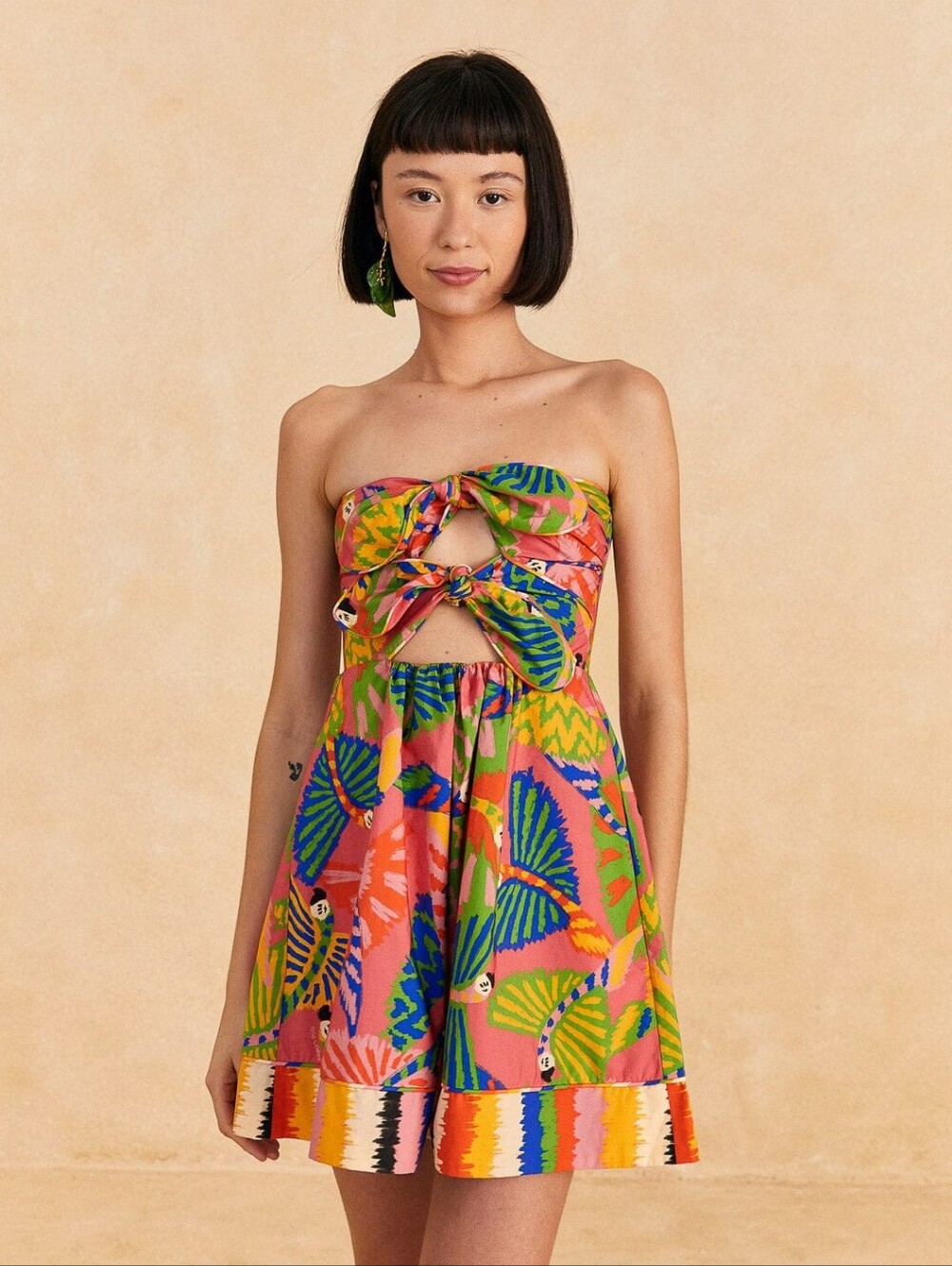 NWT Farm Rio Graphic Macaws Cotton Mini Dress In Coral